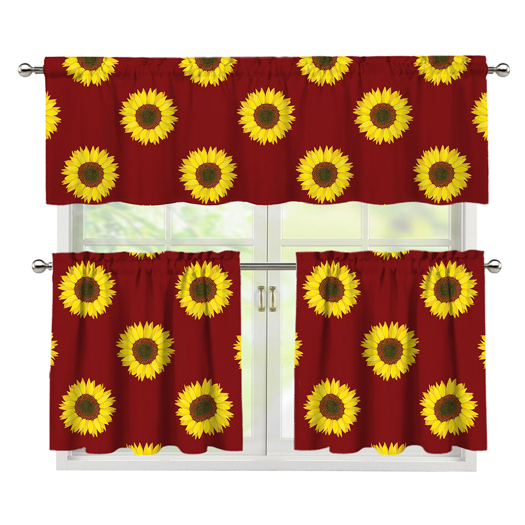 Burgundy Sunflower Pattern Print 3 Piece Kitchen Curtains