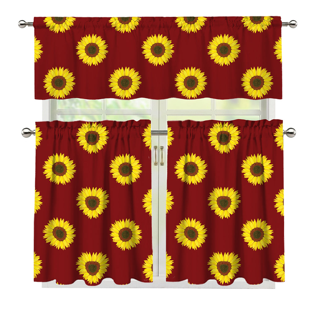 Burgundy Sunflower Pattern Print 3 Piece Kitchen Curtains