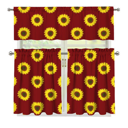Burgundy Sunflower Pattern Print 3 Piece Kitchen Curtains