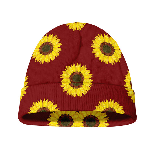 Burgundy Sunflower Pattern Print Beanie