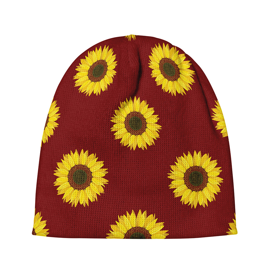 Burgundy Sunflower Pattern Print Beanie