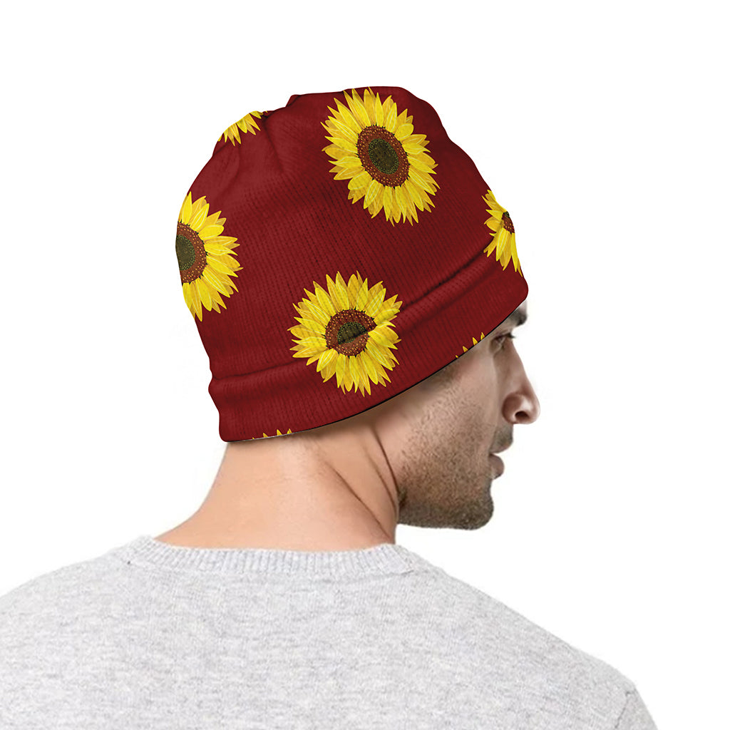 Burgundy Sunflower Pattern Print Beanie
