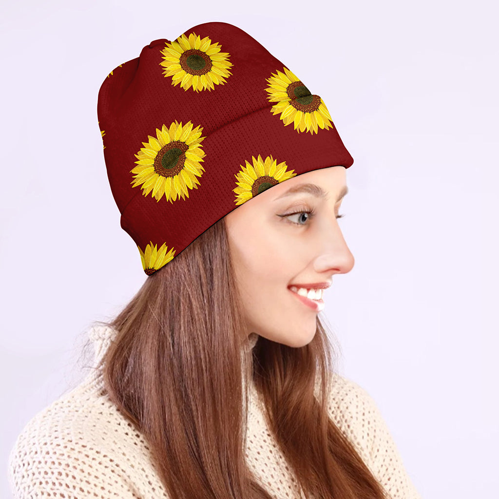 Burgundy Sunflower Pattern Print Beanie