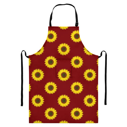 Burgundy Sunflower Pattern Print Bib Apron With Pocket
