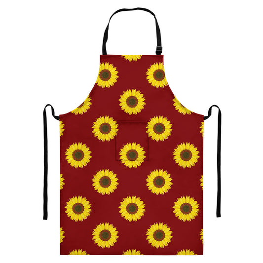 Burgundy Sunflower Pattern Print Bib Apron With Pocket