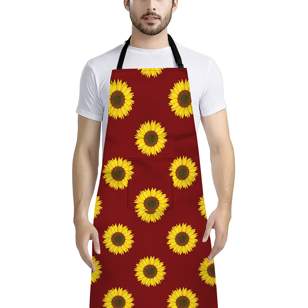 Burgundy Sunflower Pattern Print Bib Apron With Pocket