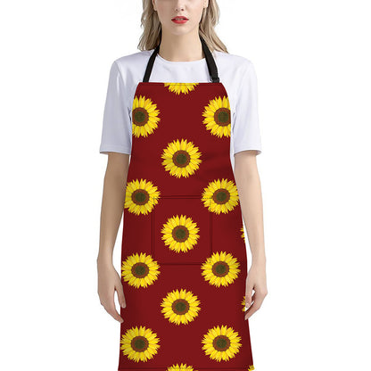 Burgundy Sunflower Pattern Print Bib Apron With Pocket