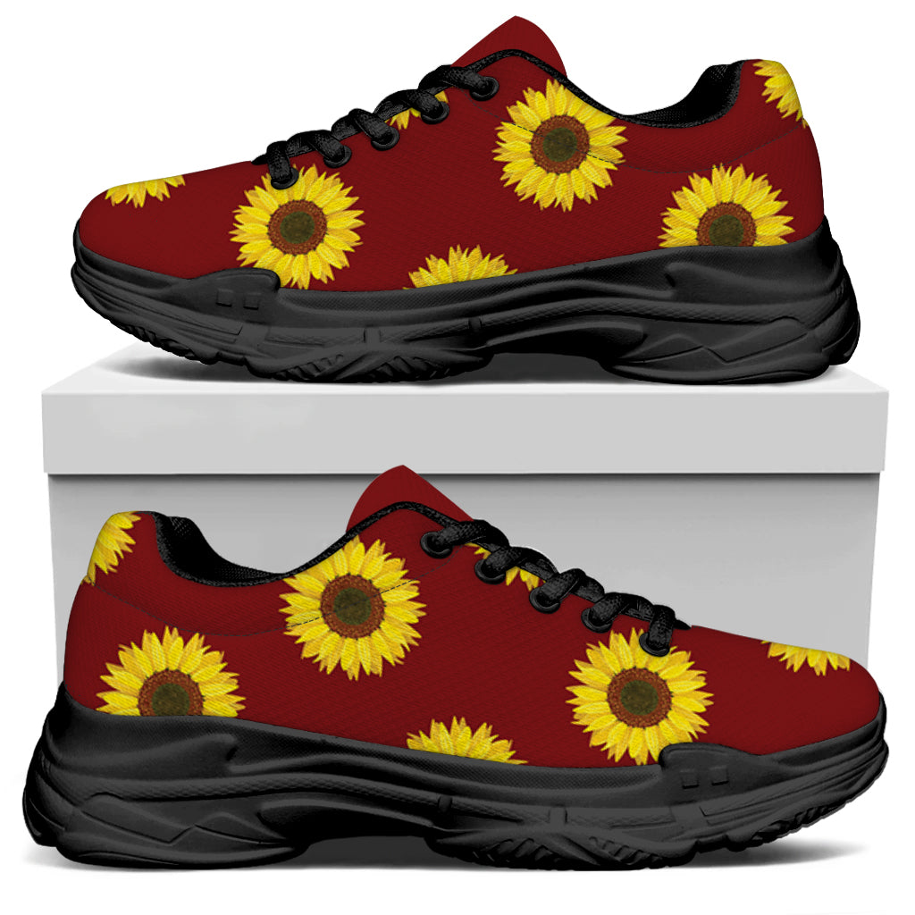 Burgundy Sunflower Pattern Print Black Chunky Shoes