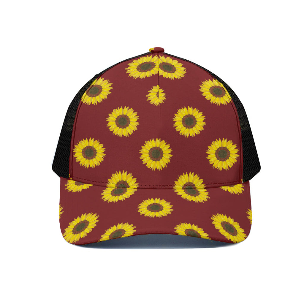 Burgundy Sunflower Pattern Print Black Mesh Trucker Cap