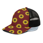 Burgundy Sunflower Pattern Print Black Mesh Trucker Cap