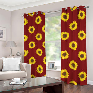 Burgundy Sunflower Pattern Print Blackout Grommet Curtains