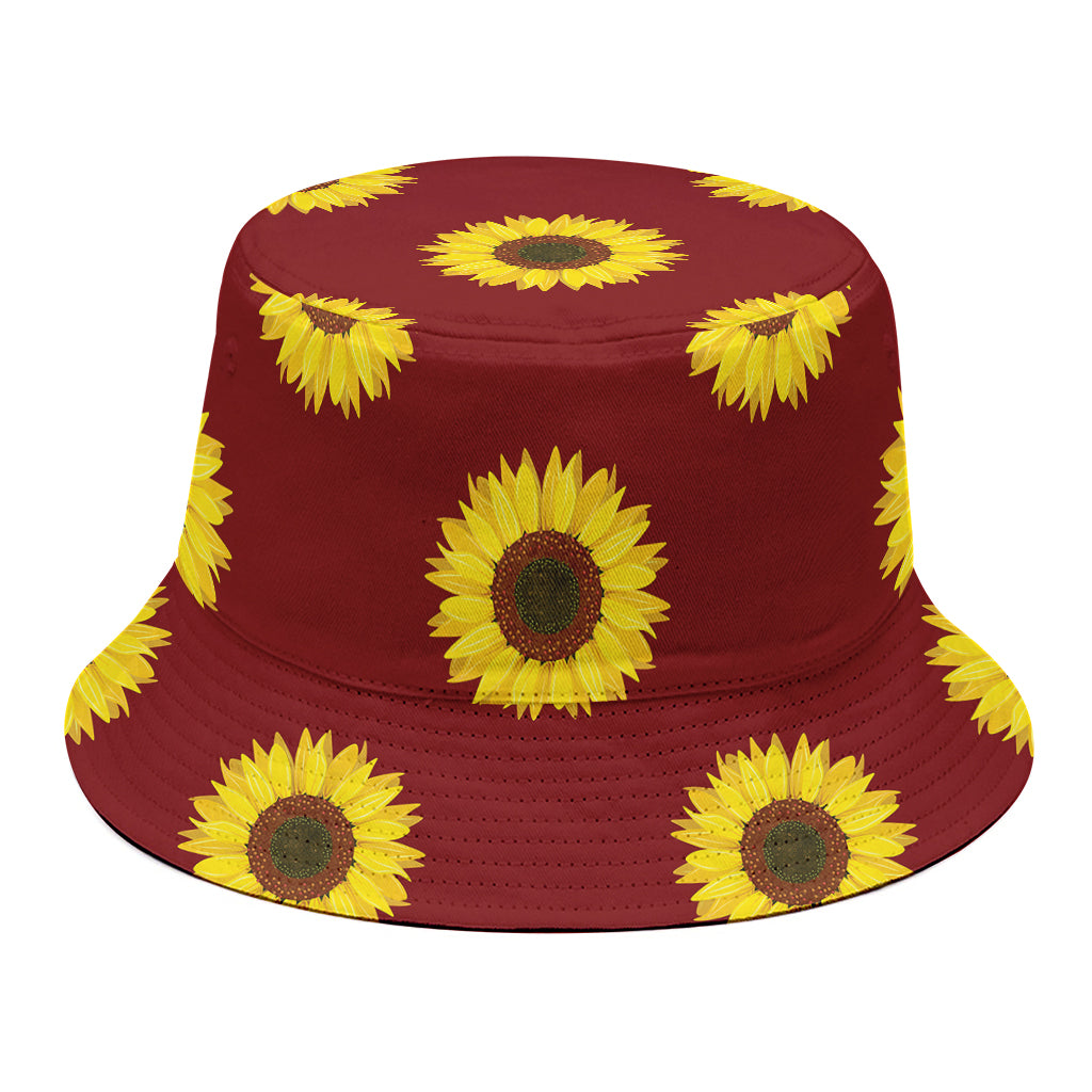 Burgundy Sunflower Pattern Print Bucket Hat