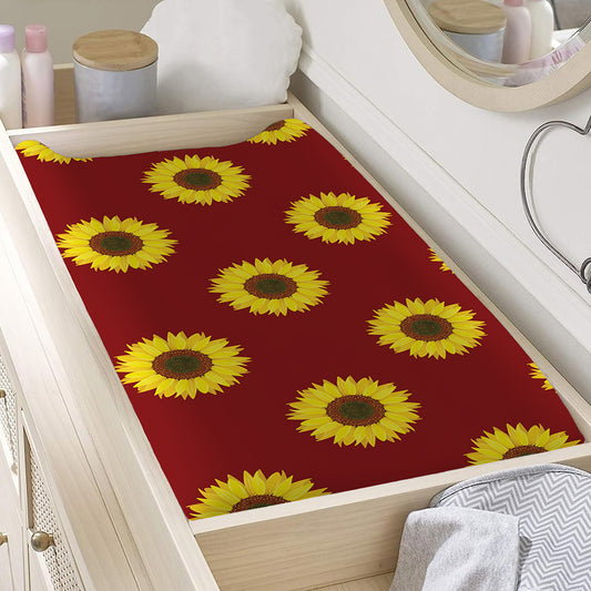 Burgundy Sunflower Pattern Print Changing Pad Cover