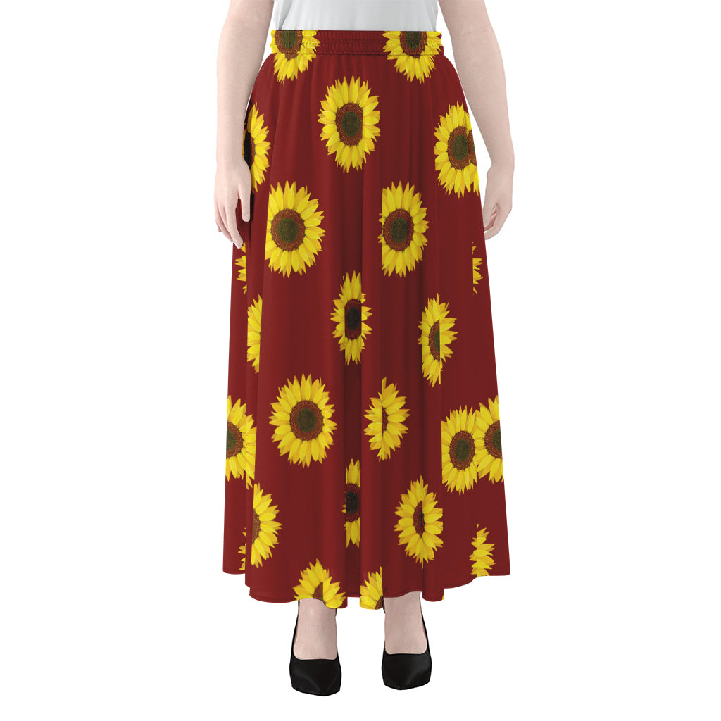 Burgundy Sunflower Pattern Print Chiffon Maxi Skirt