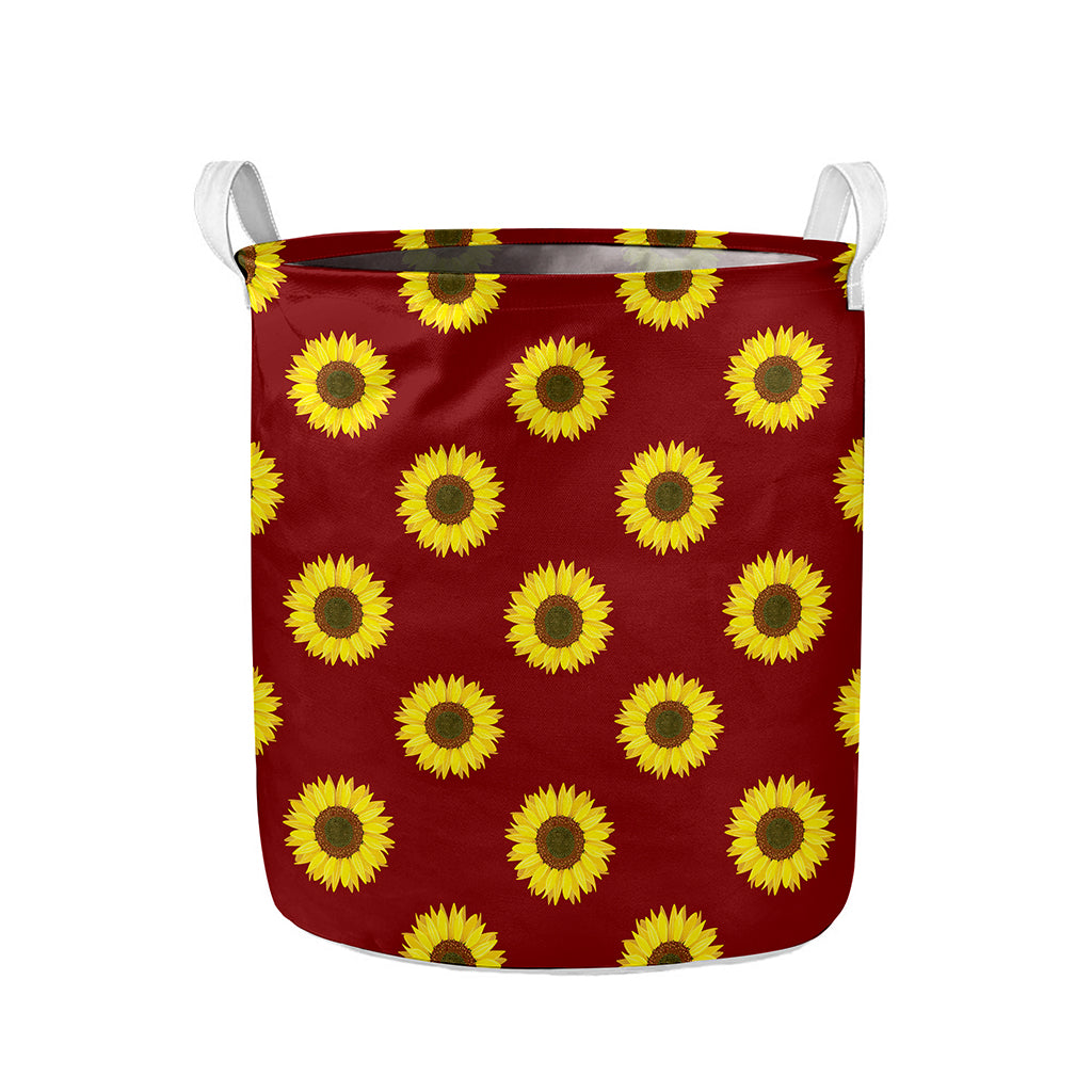 Burgundy Sunflower Pattern Print Collapsible Laundry Basket