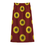 Burgundy Sunflower Pattern Print Cotton Front Slit Maxi Skirt