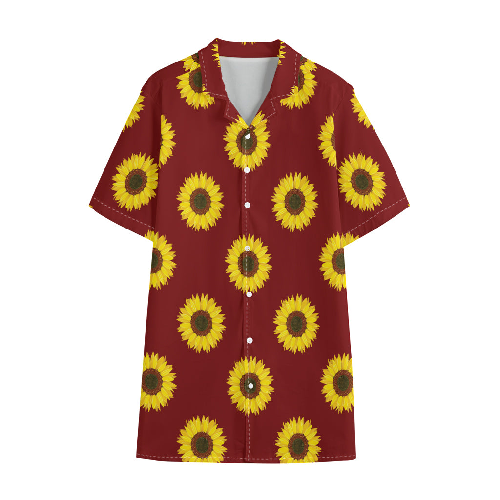 Burgundy Sunflower Pattern Print Cotton Hawaiian Shirt