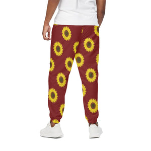 Burgundy Sunflower Pattern Print Cotton Pants