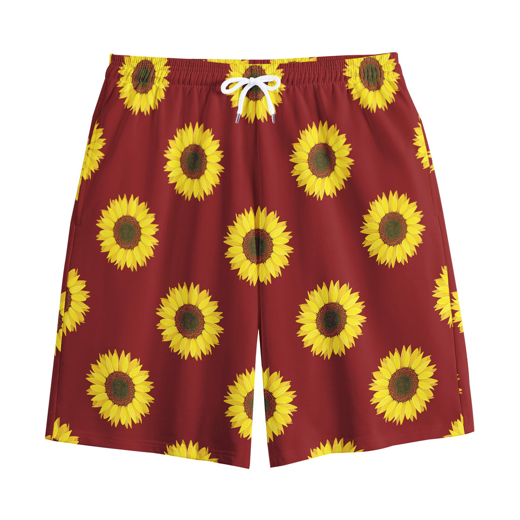 Burgundy Sunflower Pattern Print Cotton Shorts