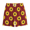 Burgundy Sunflower Pattern Print Cotton Shorts