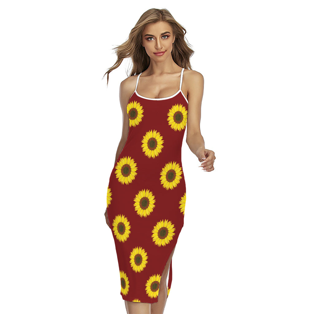 Burgundy Sunflower Pattern Print Cross Back Cami Dress