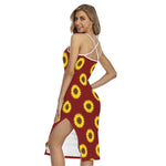 Burgundy Sunflower Pattern Print Cross Back Cami Dress