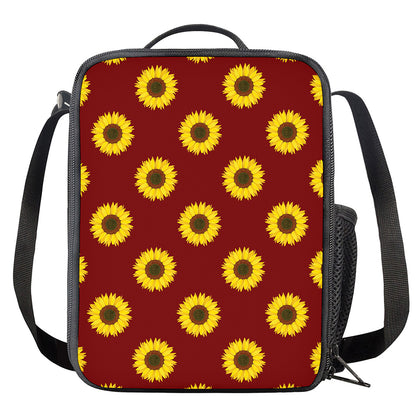 Burgundy Sunflower Pattern Print Crossbody Lunch Bag