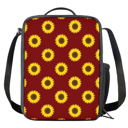 Burgundy Sunflower Pattern Print Crossbody Lunch Bag