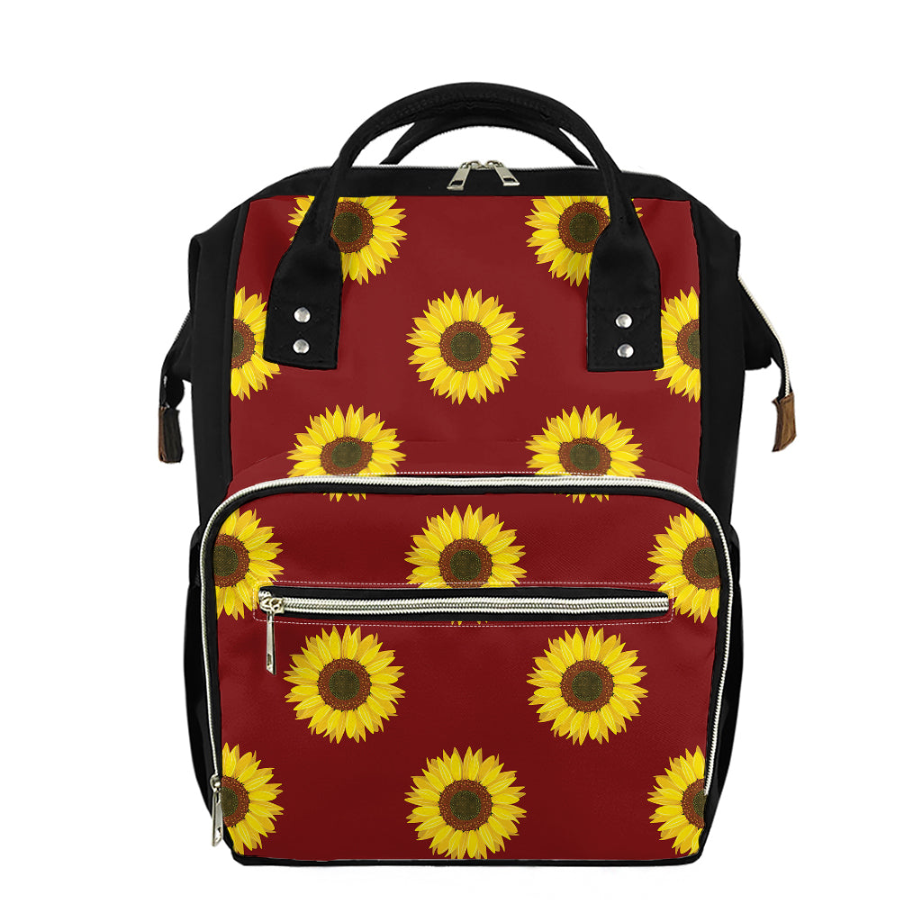 Burgundy Sunflower Pattern Print Diaper Bag