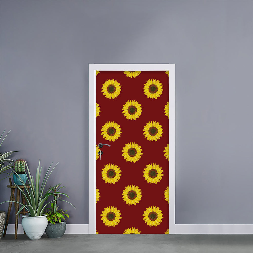 Burgundy Sunflower Pattern Print Door Sticker