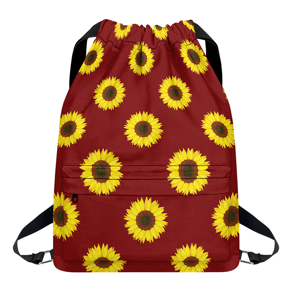 Burgundy Sunflower Pattern Print Drawstring Backpack
