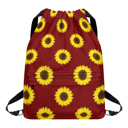 Burgundy Sunflower Pattern Print Drawstring Backpack