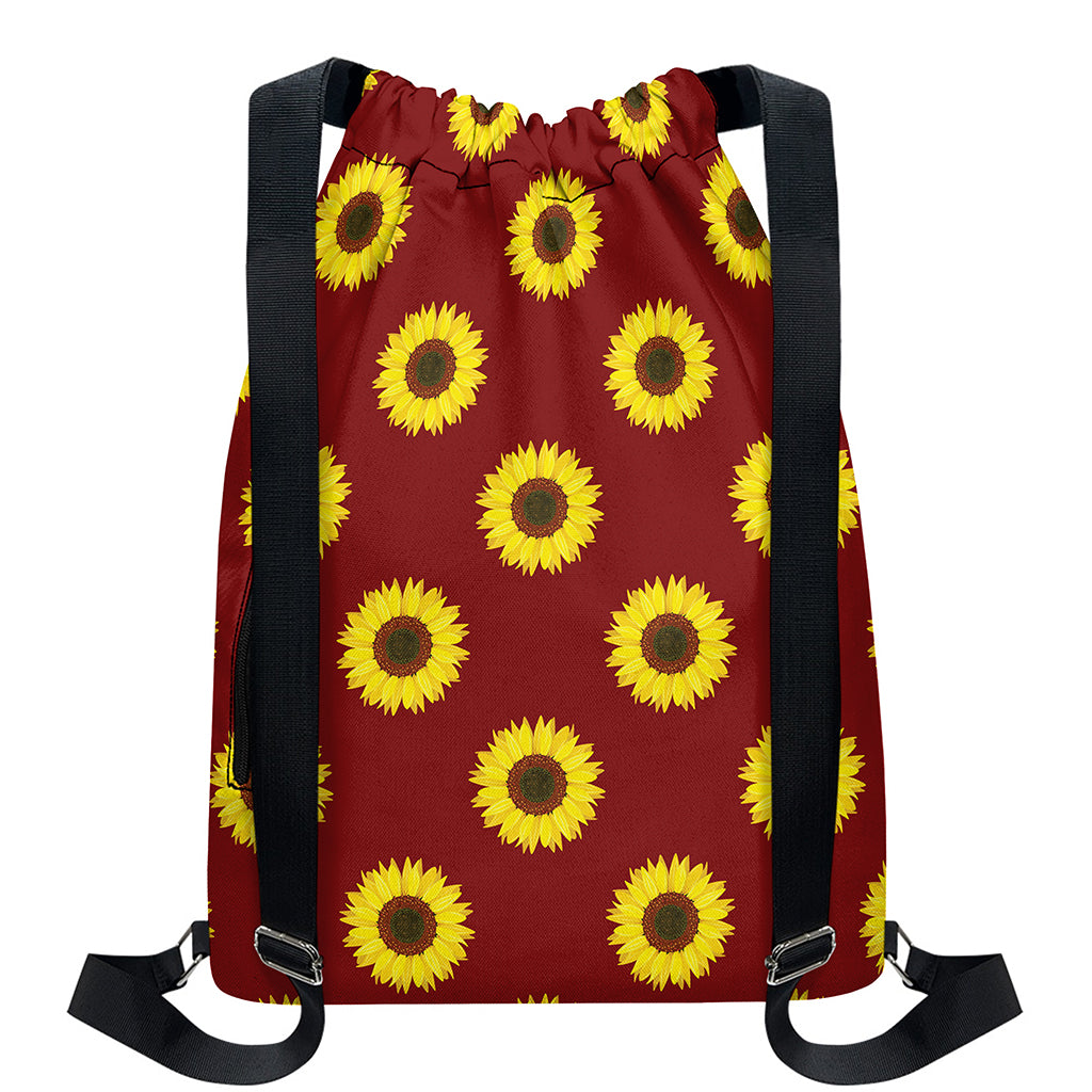 Burgundy Sunflower Pattern Print Drawstring Backpack