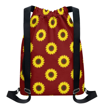 Burgundy Sunflower Pattern Print Drawstring Backpack
