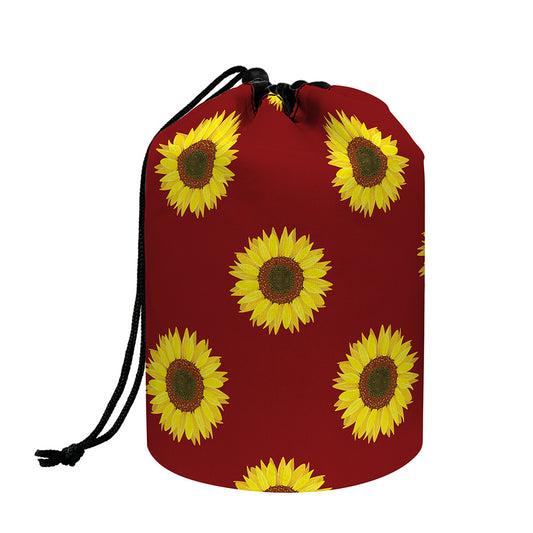 Burgundy Sunflower Pattern Print Drawstring Makeup Bag