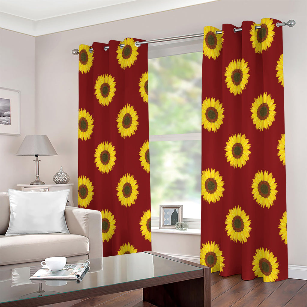 Burgundy Sunflower Pattern Print Extra Wide Grommet Curtains