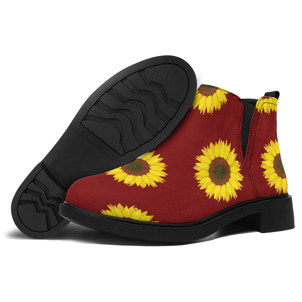 Burgundy Sunflower Pattern Print Flat Ankle Boots