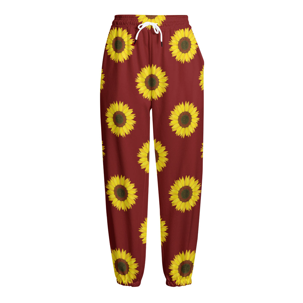 Burgundy Sunflower Pattern Print Fleece Lined Knit Pants