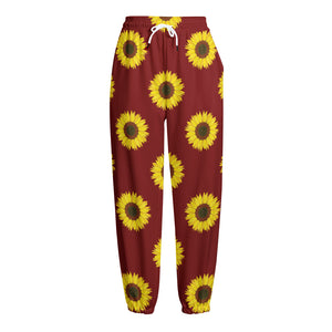 Burgundy Sunflower Pattern Print Fleece Lined Knit Pants