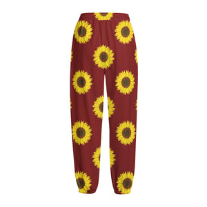 Burgundy Sunflower Pattern Print Fleece Lined Knit Pants