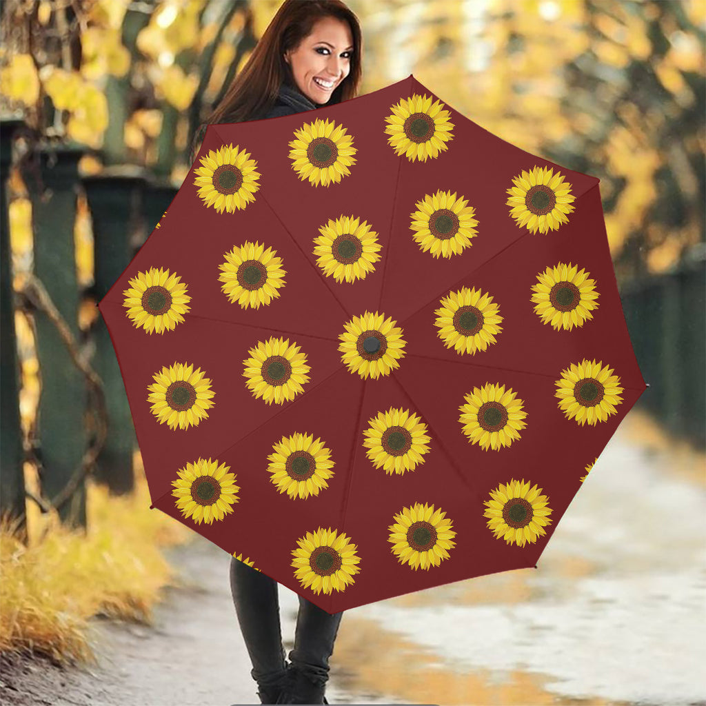 Burgundy Sunflower Pattern Print Foldable Umbrella