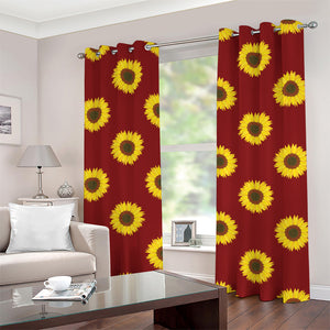 Burgundy Sunflower Pattern Print Grommet Curtains