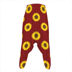 Burgundy Sunflower Pattern Print Hammer Pants