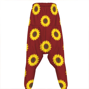 Burgundy Sunflower Pattern Print Hammer Pants