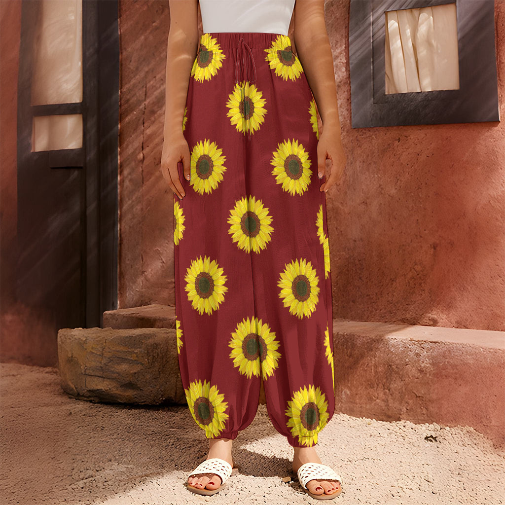 Burgundy Sunflower Pattern Print Harem Pants