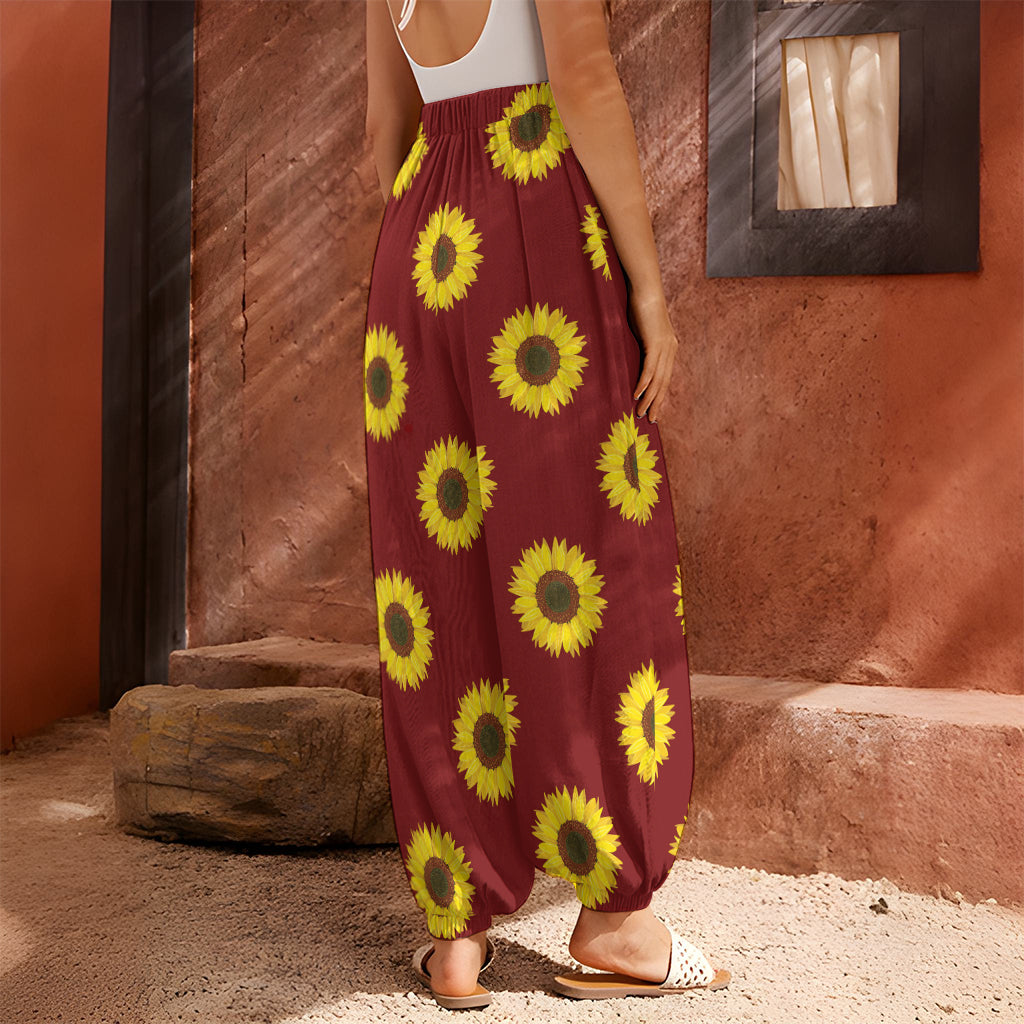 Burgundy Sunflower Pattern Print Harem Pants