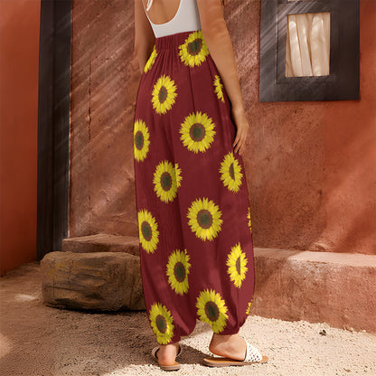 Burgundy Sunflower Pattern Print Harem Pants