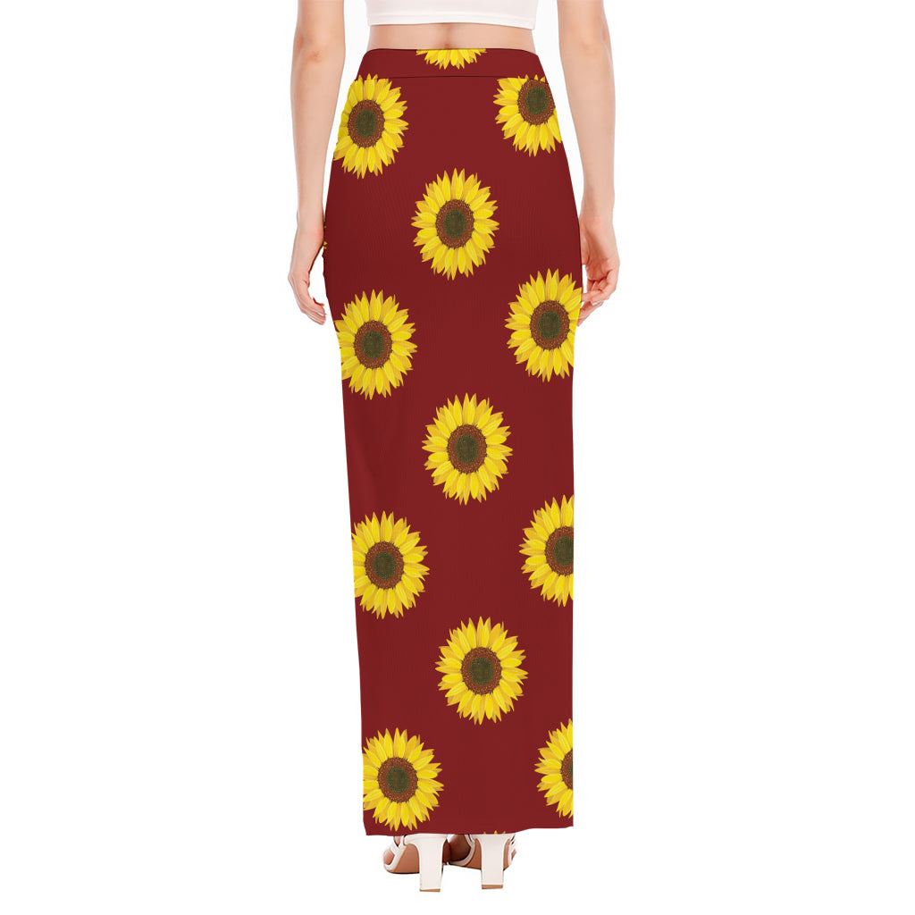 Burgundy Sunflower Pattern Print High Slit Maxi Skirt