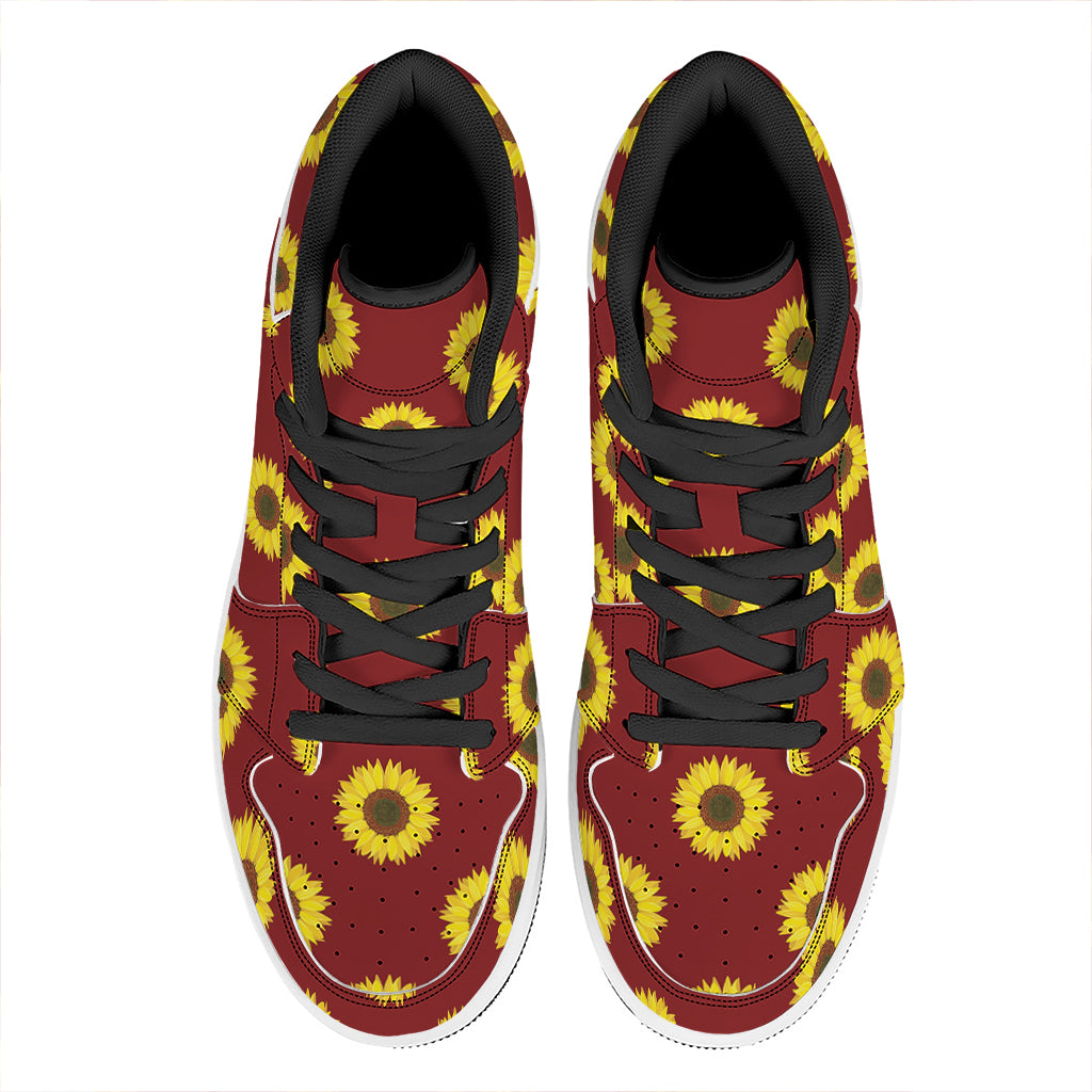 Burgundy Sunflower Pattern Print High Top Leather Sneakers