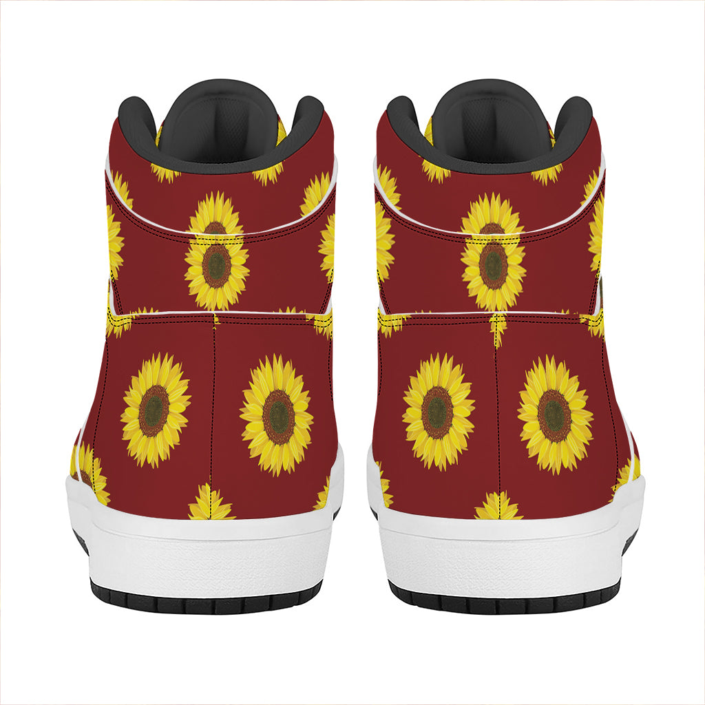 Burgundy Sunflower Pattern Print High Top Leather Sneakers